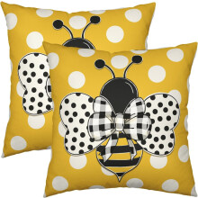 Summer Pillowcase Set of 2 (16x16), Yellow Honey Bee Polka Dots, Bumblebee Linen Throw Pillow Covers for Farmhouse Sofa & Outdoor Decor