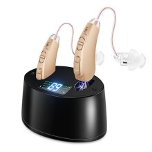 Rechargeable Hearing Aids for Seniors – BTE PSAP w/Noise Cancellation, LCD Magnetic Charging Dock, Compatible with Brown