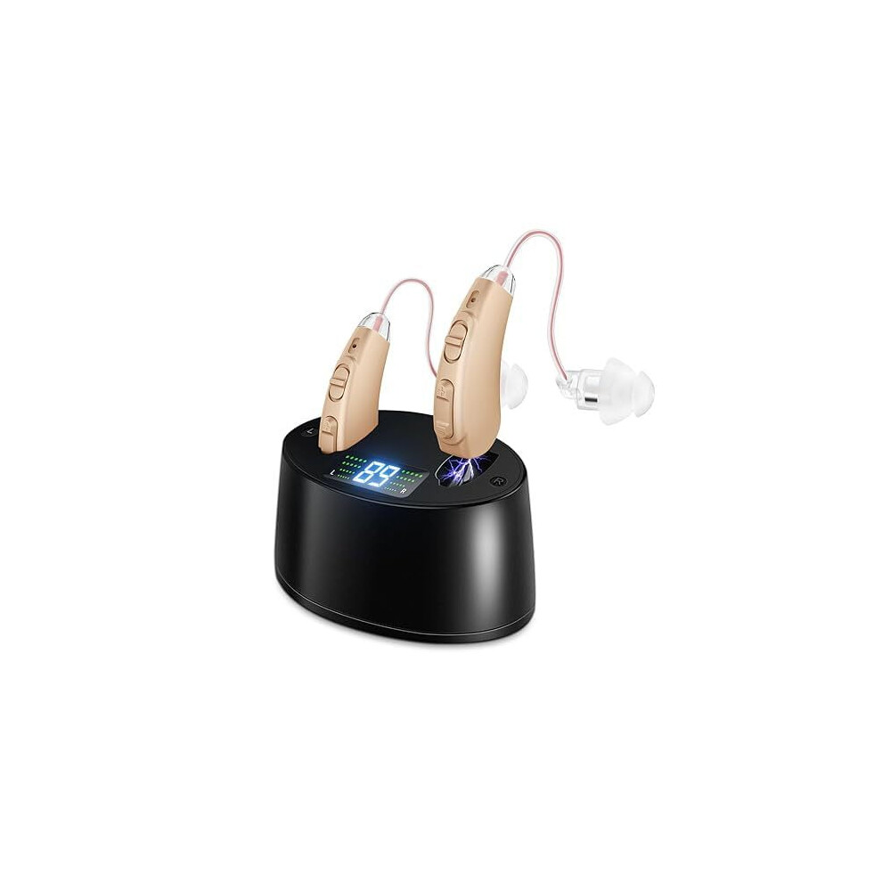 Brown Rechargeable Hearing Aids For Seniors Â Bte Psap W/Noise Cancellation, Lcd Magnetic Charging Dock, Compatible With