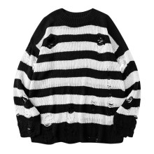 Womens Punk Gothic Sweater Loose Oversized Striped Ripped Pullover Knit Sweaters
