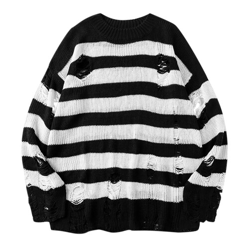Womens Punk Gothic Sweater Loose Oversized Striped Ripped Pullover Knit Sweaters