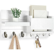 Wall-Mount Mail Organizer with Shelf, Key Holder & Letter Holder – Rustic White Wood, 16.5"x9.1"x3.4", Farmhouse Decor