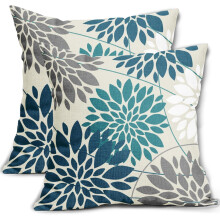 Teal Grey Flower Pillow Covers 18x18" Set of 2, Dahlia Floral Pattern Decorative Throw Pillowcases for Sofa, Bed, Outdoor – Compatible with Standard