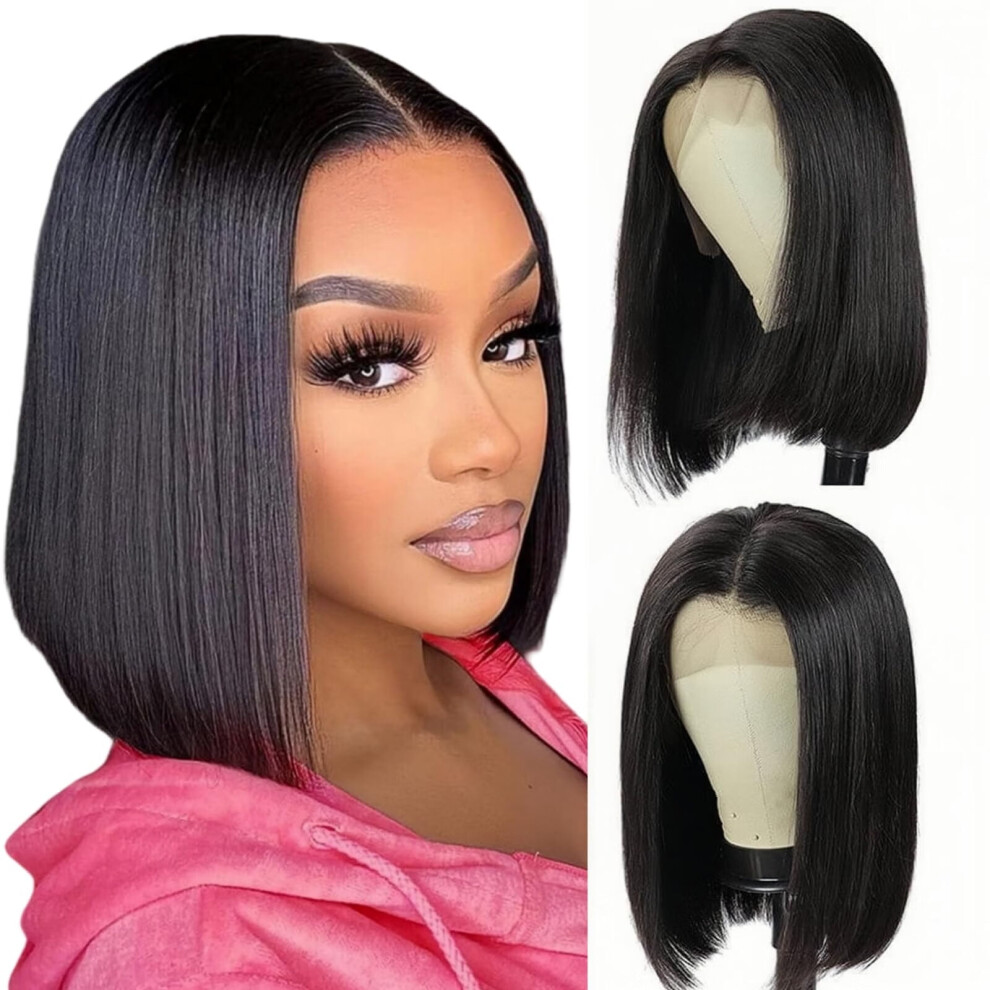 Bob Wig - Human Hair Frontal Bob Wig,13X4,180% Density,Pre-Plucked,Straight, Black
