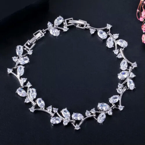 White Gold Plated Cubic Zirconia Austrian Crystal Leaf Branch Bangle Bracelets 1