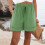 Grüne Leinenshorts für Damen mit elastischem Bund und Taschen 1