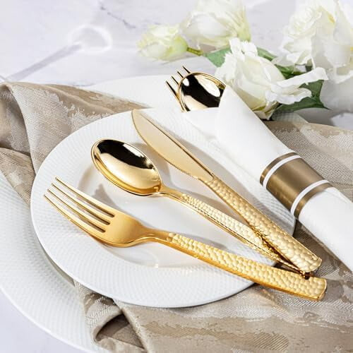 Gold Plastic Silverware Set with Napkins 50-Piece 2