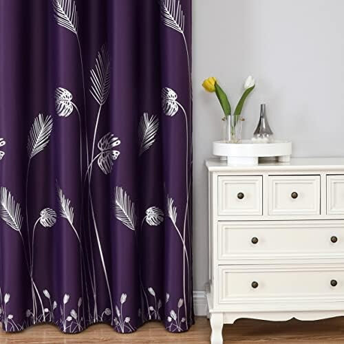 Purple blackout curtains silver palm pattern 52x63 in 2 1
