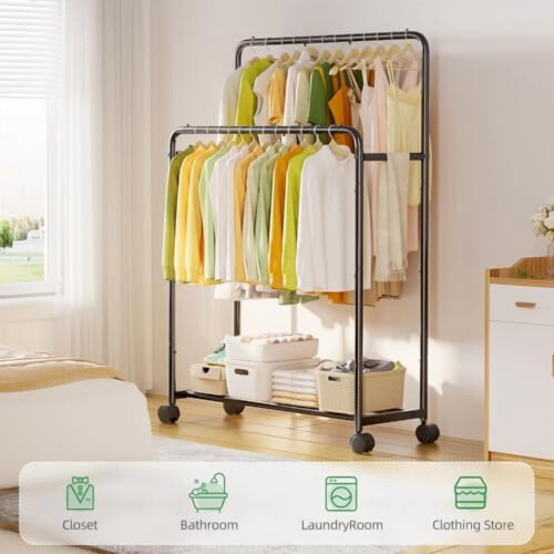 Dobbeltstangsgarderobe med låsbare hjul 1