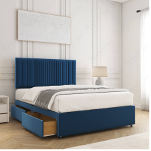 (Blue, 5ft King (with Mattress))) Florence Plush Velvet Divan Double Bed with 2 Storage Drawers 24” Headboard Mattress