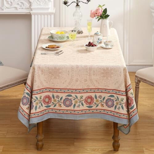 Beige Floral Rectangular Tablecloth 63x110 in 2