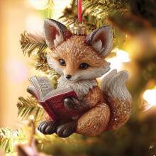 Yurqghjb Lesender Fuchs Weihnachtsschmuck, handgefertigte 2D-Waldtierdekoration für den Baum, Geschenk für Bücherliebhaber (B)