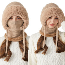 3-in-1-Strick-Wintermütze mit Schal und Gesichtsmaske | Winddichte, warme Kopfbedeckung mit Fleecefutter für Damen | Gemütliches Accessoire für