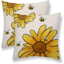 Sommerliche Sonnenblumen-Kissenbezüge, 40 x 40 cm, 2er-Set, gelbes Bienenmotiv, Leinen im Landhausstil, Frühlings-/Sommerdekor, kompatibel mit