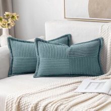 Housses de coussin lombaire bohème bleu poudré 30 x 50 cm (lot de 2), velours côtelé doux, patchwork rayé, compatibles avec les coussins