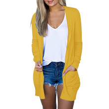 Cardigan for Women Front Open Long Sleeve Loose Solid Color Cotton Blouse With Pocket,Yellow