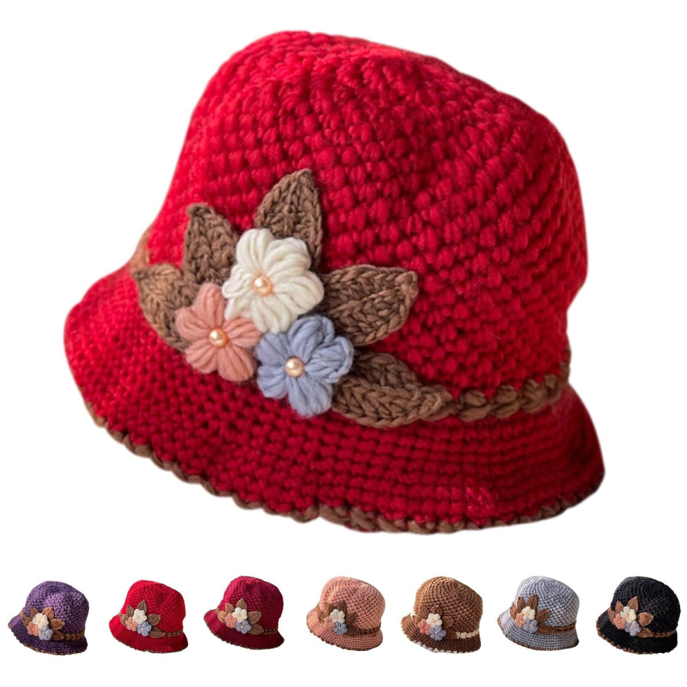 Thicken Women's Flowers Knitted Woolen Hat,Knitted Crochet Beanie Hat with Flower