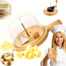 2026 New Cheese Curler Flower Maker Wheel Slicer, Handheld Rotary w/ Wooden Base & Stainless Steel Blade – for Home & Pro Kitchens (w/ handle & lid)