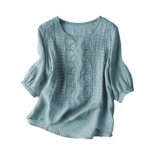 Women's Linen Shirt Embroidered 3/4 Sleeve Purple