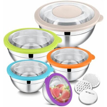 5-Pc Stainless Steel Mixing Bowls with Lids & 3 Graters, Nesting Set (0.7–4.6 QT), Compatible with Kitchen Prepping/Serving/Baking