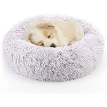 Calming Donut Dog Bed for Small to Medium Dogs & Cats - Plush Faux Fur Anti-Anxiety Pet Bed with Machine Washable Cover & Non-Slip Base