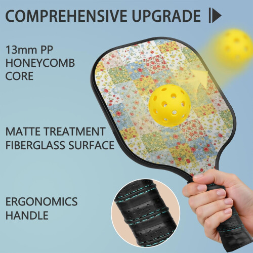 Σετ κουπιών Pickleball από fiberglass με λουλούδια, 2 μπάλες και τσάντα, συμβατό με παιχνίδι 1