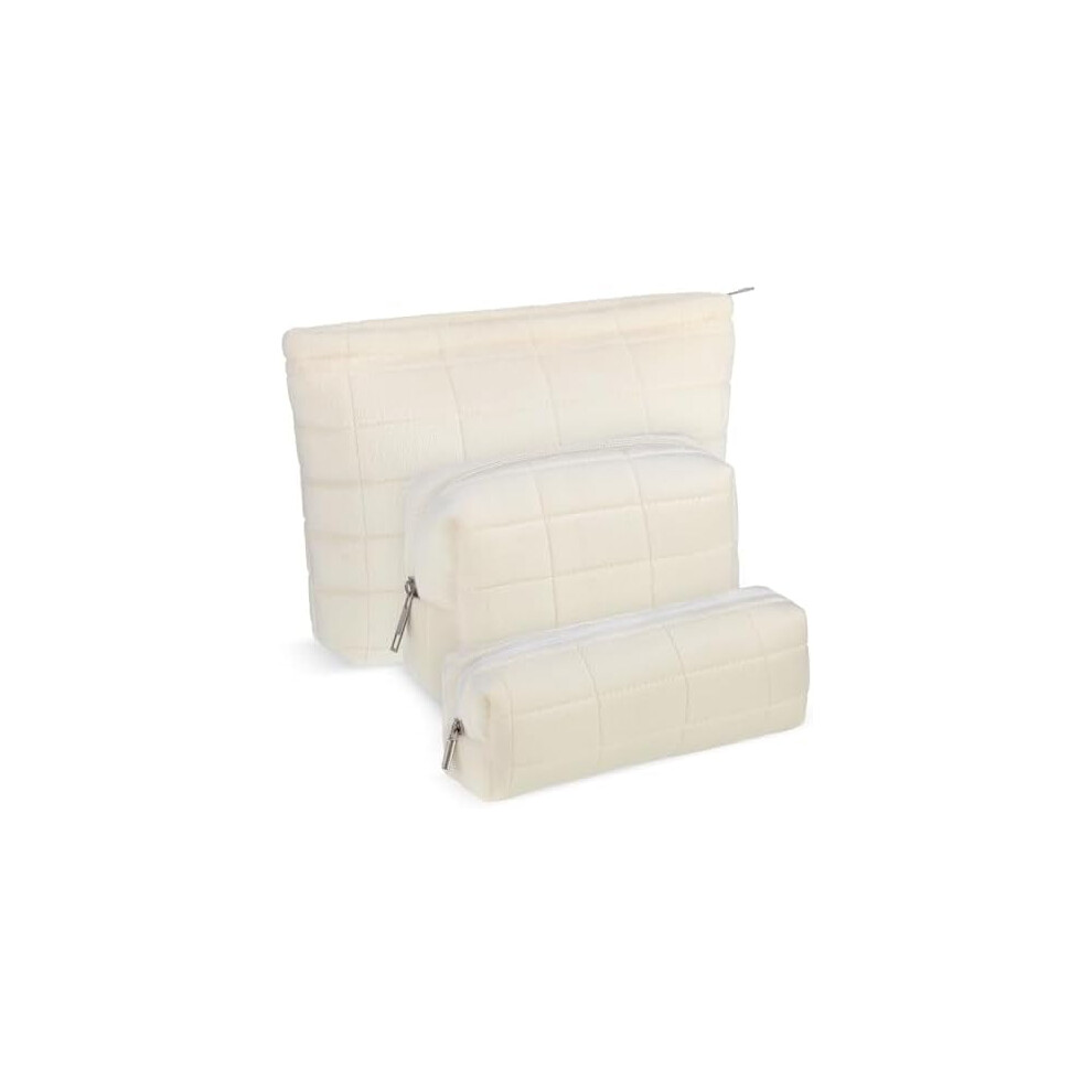 White 3-Pc Puffy Makeup Bag Set Â Quilted Plush Toiletry Pouches, Cute Checkered Travel Organizer, Preppy Pencil Case (White)