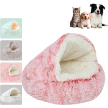 Cozy Cocoon Pet Bed for Dogs & Cats - Hooded Cave-Style Covered Dog Bed, Plush Fluffy Anti-Anxiety Donut Design for Small & Medium Pets (Pink, L)