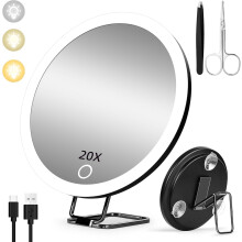 20x Magnifying Mirror with Light – Large 6" Rechargeable Lighted Makeup Mirror with 3 Color Modes, Suction Cups & Table Stand