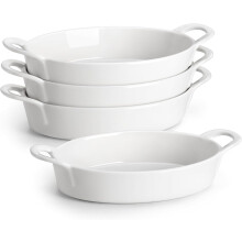 Ceramic Oval Casserole Dishes Set of 4, 8"x5", Oven-Safe Au Gratin Pans with Handles – White