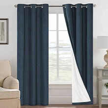 Linen Blackout Curtains w/ Burlap & White Thermal Liner, Grommet Top (2 Panels, 42x84", Navy)