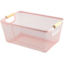 Metal Mesh Steel Basket with Wood Handle, Pink Rectangle Hanging Organizer for Kitchen, Bathroom, Picnic – Compatible with Standard Hooks