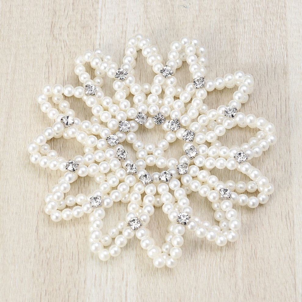 Unisex White Elastic Hair Snood Net Handmade Crochet Pearl Hairnet Headdress For Dance Performance