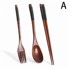 Japanese Style Wooden Spoon Fork Bag Cutlery Cloth Chopsticks Natural Set UK ST B7C9