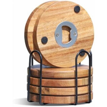 Wood Coasters Set of 6 with Bottle Opener Holder, Acacia, Non-Slip, 4", for Coffee Table, Desk, Home Office – Compatible with Dad Gifts & Christmas