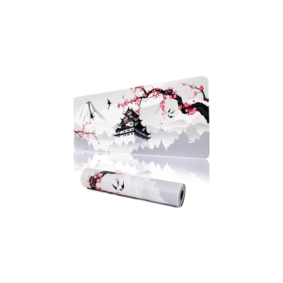 Japanese Cherry Blossom Gaming Mouse Pad 31.5X11.8in, Sakura Design, Non-Slip Rubber Base, Waterproof, Stitched Edges – Compatible With All Pink 9175034856600