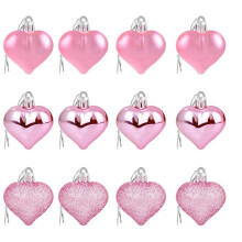 12PCS Pink Mini Heart Ornaments, 1.8" Glitter Plastic Hanging Baubles for Valentine's Day, Christmas, Wedding & Party Decor