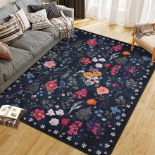 Floral 5x7 Area Rug Machine Washable Soft Print Boho Carpet Non Slip Low Pile Flower Area Rugs for Living Room Bedroom Dining Room Blue