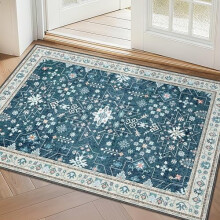 2x3 Washable Boho Area Rug for Entryway, Kitchen, Bathroom – Non-Slip, Low-Pile Blue Throw Carpet Compatible with Indoor Use