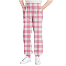 Kids Plaid Print Jogger Pants Elastic Waist Cuff Ankle Home Wear Fall Winter Casual Pants with Pockets for Boys and Girls 3-15 Years(Pink,3-4 Years)