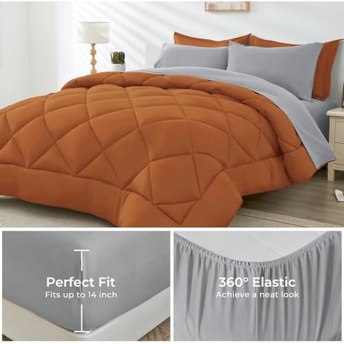 Twin Comforter Set Ultra Soft 5-Piece Orange Light Grey 2