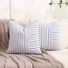 Moderne Kissenbezüge im Landhausstil, marineblau-neutral, 45 x 45 cm, 2er-Set, blaue, gestreifte Patchwork-Dekokissen aus Leinen für das Wohnzimmer