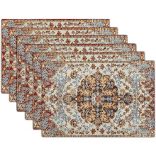 Boho bordsunderlägg, set om 6, sydvästbrun och blå, vävd linne, tvättbara, värmebeständiga, 30x43 cm