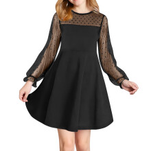 Abito da bambina a trapezio in rete, alla moda, comodo, in tessuto morbido, a maniche lunghe, con scollo rotondo, gonna elegante, stile perfetto per