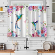 Rideaux de cuisine à motifs floraux printaniers (oiseaux et papillons), à œillets, 91 cm de long, lot de 2 panneaux