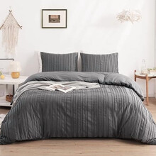 Parure de lit King style bohème gris, 3 pièces, en microfibre rayée touffetée avec fermeture éclair – Compatible avec les lits King