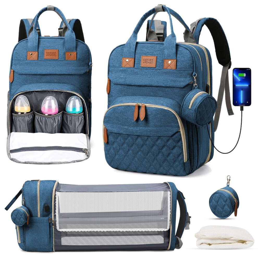 Multifunction Diaper Bag Backpack With Changing Station, Usb Port, Foldable Crib, Sunshade, Pacifier Case & Stroller Straps – Blue