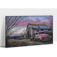 Farmhouse stílusú falikép, vászonkép, 12x18", vintage pajta, régi teherautó és naplementés tájkép – kompatibilis a farmhouse stílusú