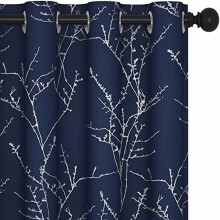 Navy Blackout Curtains, Thermal & Soundproof, Branch Silver Print, 52x108", Grommet Panels, Machine Washable, Set of 2