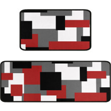Modern Kitchen Runner Rugs, Red Black White Patterns, 17" x 30" + 17" x 48", (2 Count)